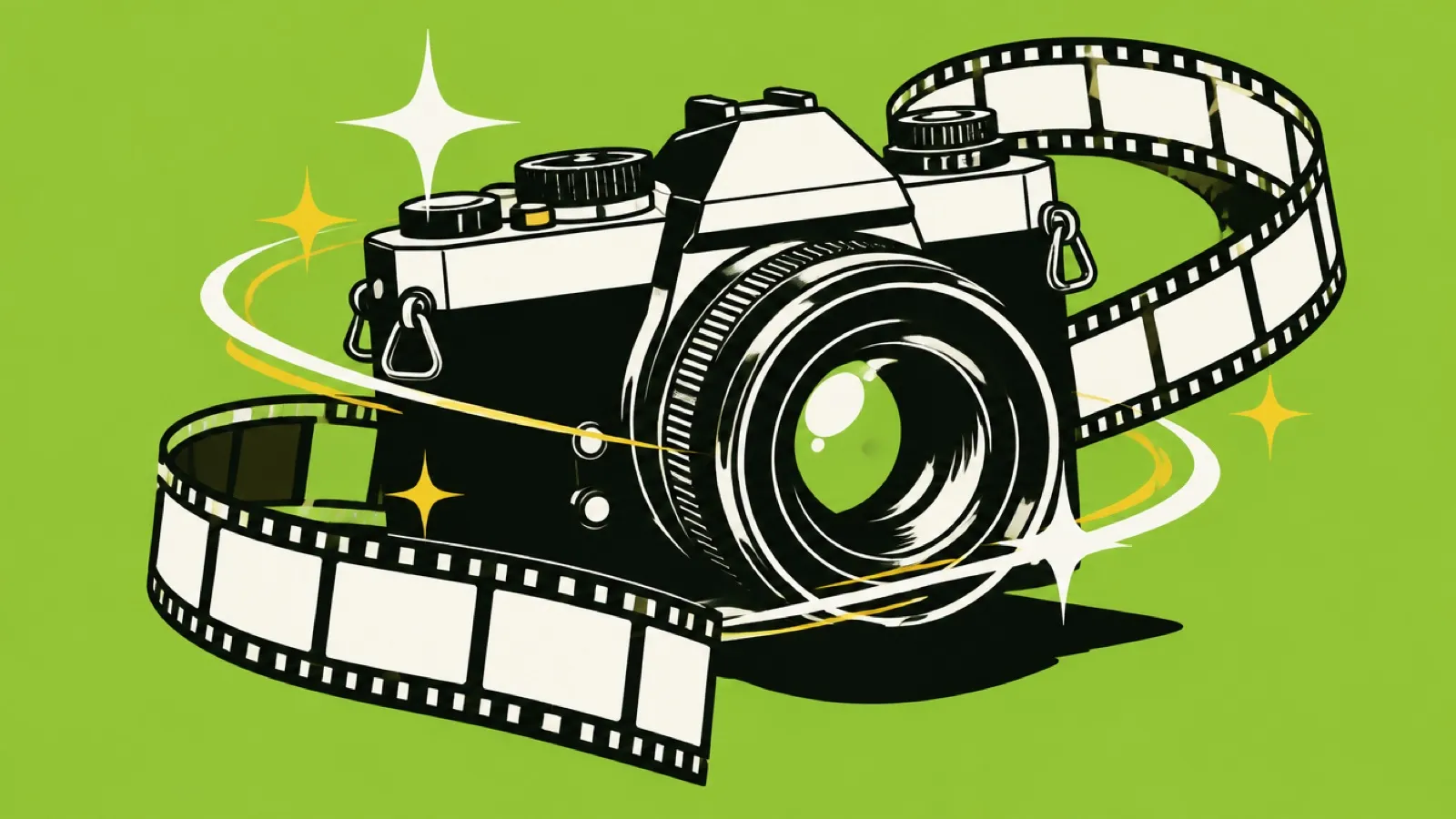 Ilustração de uma câmera fotográfica retrô com efeito de filtro nostálgico e rolo de filme