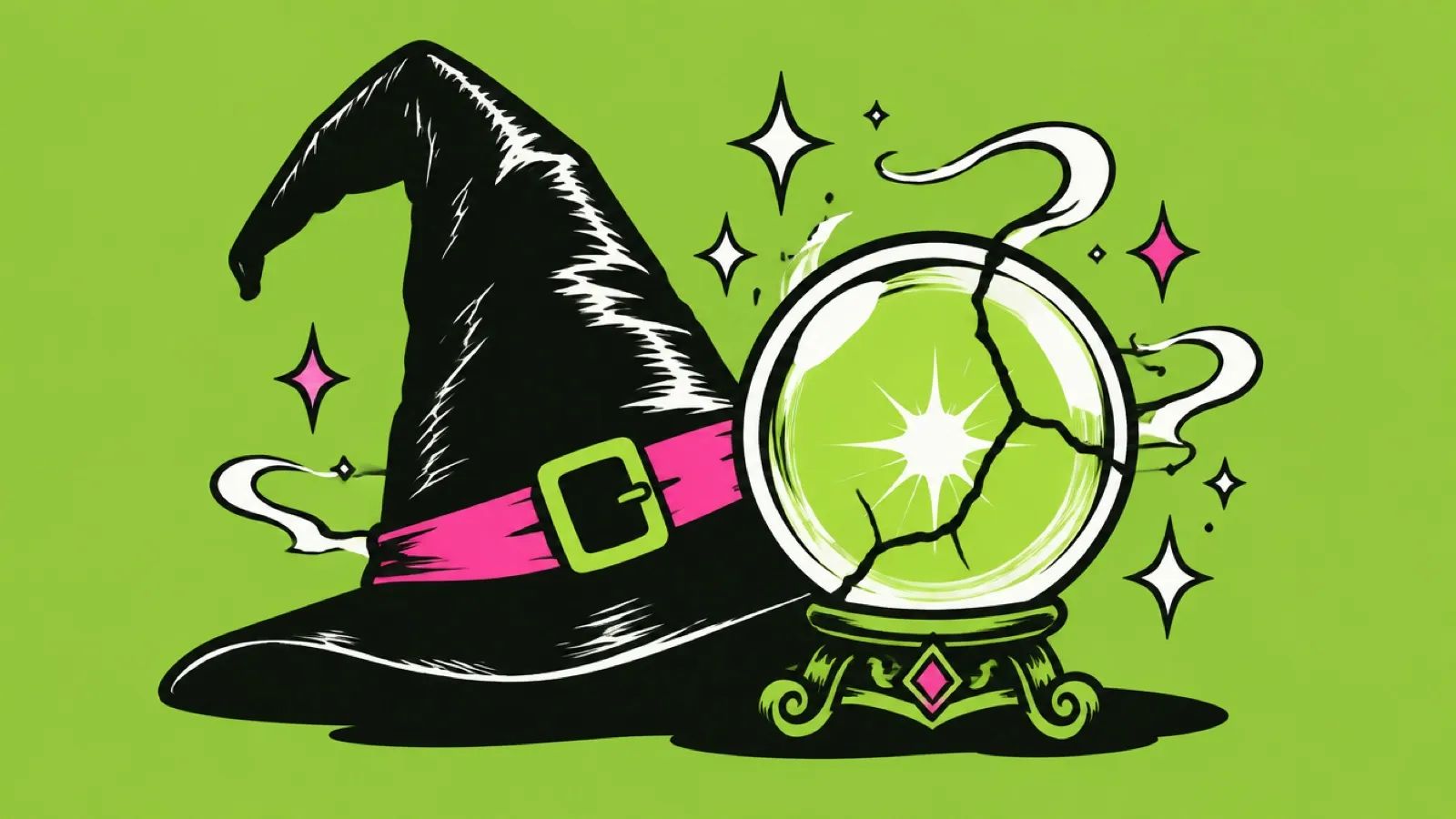 Ilustração de um chapéu de bruxa ao lado de uma bola de cristal rachada e brilhante