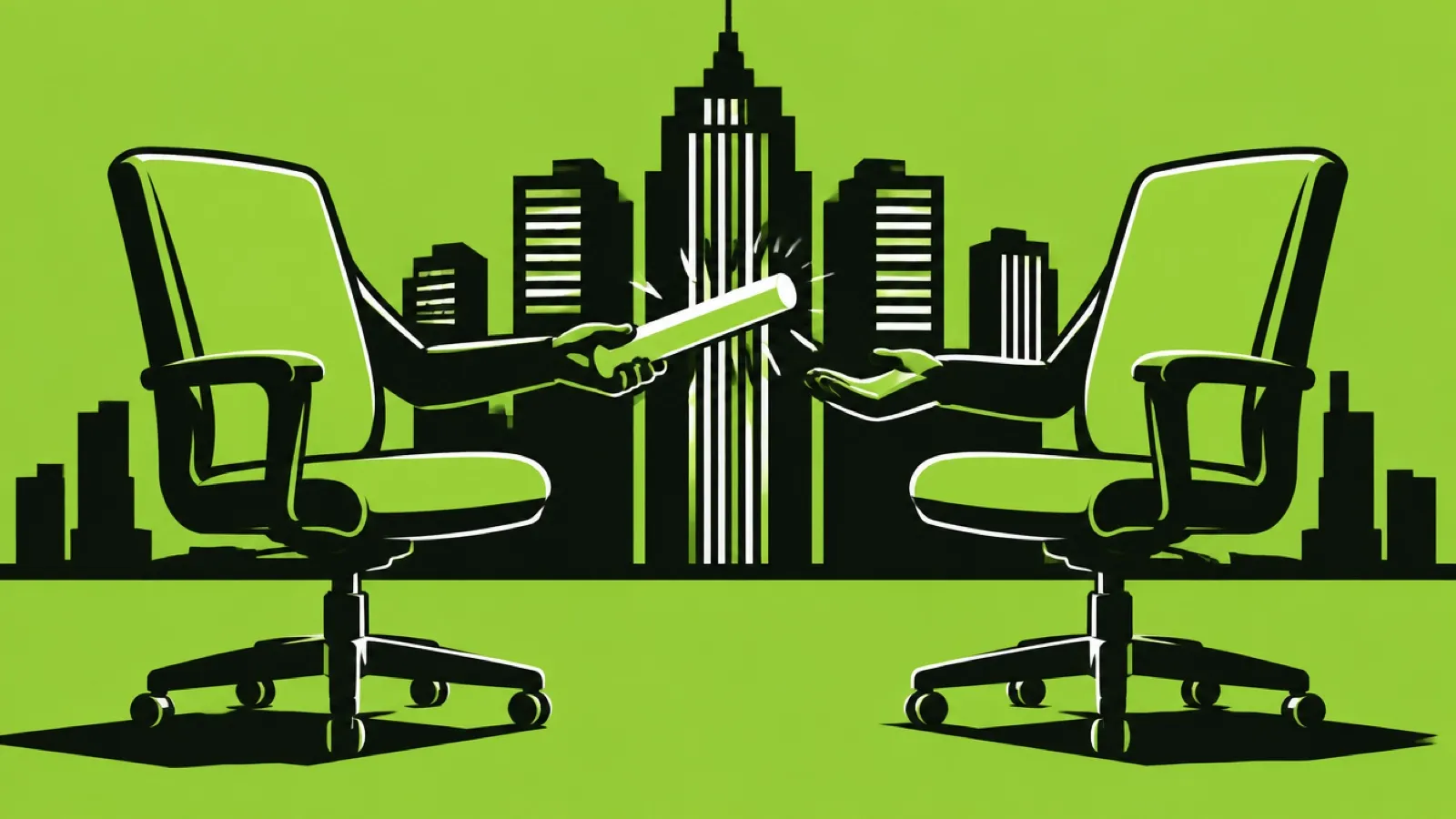 Ilustração de uma cadeira de escritório passando um bastão para outra, com skyline corporativa ao fundo